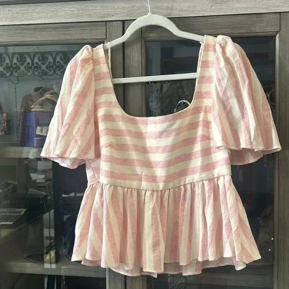 Zara pink striped linen ruffle blouse Size large - Picture 3 of 9